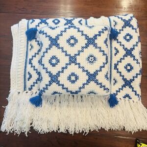 Vintage Handmade Crochet Afghan Throw & Matching Pillow Blue White Charleston